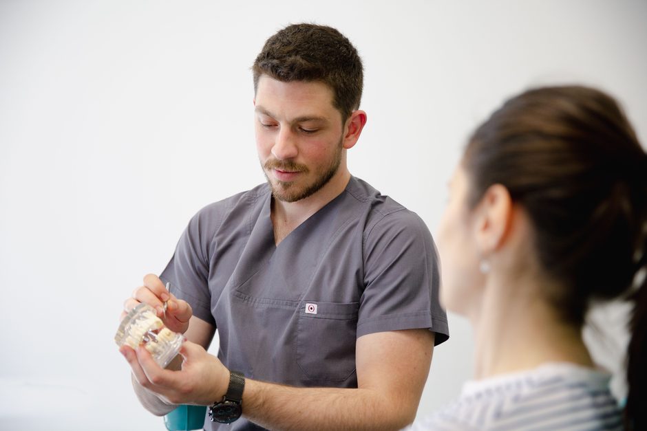 A dentist showing a patient a model of the treatment being discussed.